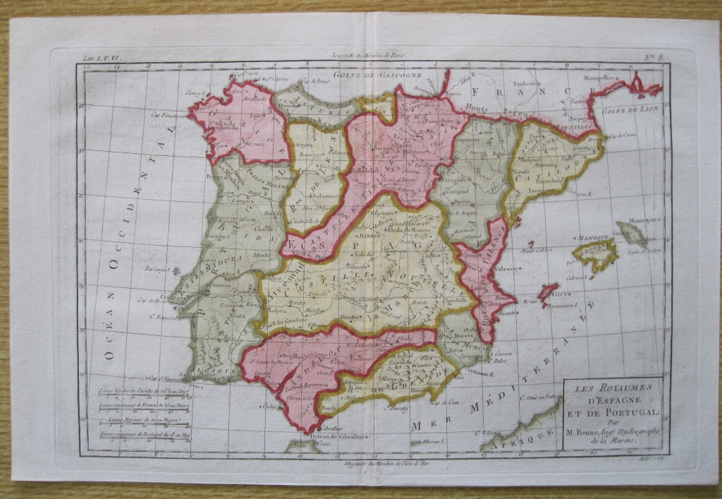 Mapa de España y Portugal, 1780. Bonne